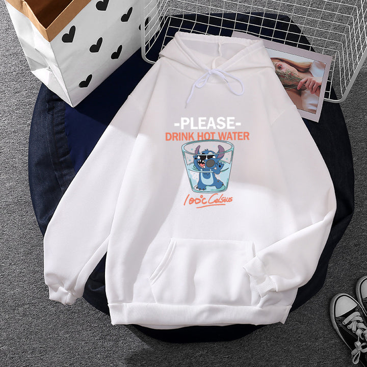 Damen Kapuzenpullover mit großflächigem Cartoon-Glas-Print, weichem Fleece-Innenfutter und Kängurutasche – Auréline
