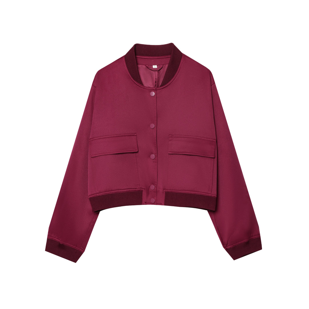 Damen cropped Bomberjacke mit Druckknopfleiste, überschnittenen Schultern und großen Klappentaschen – Avenza
