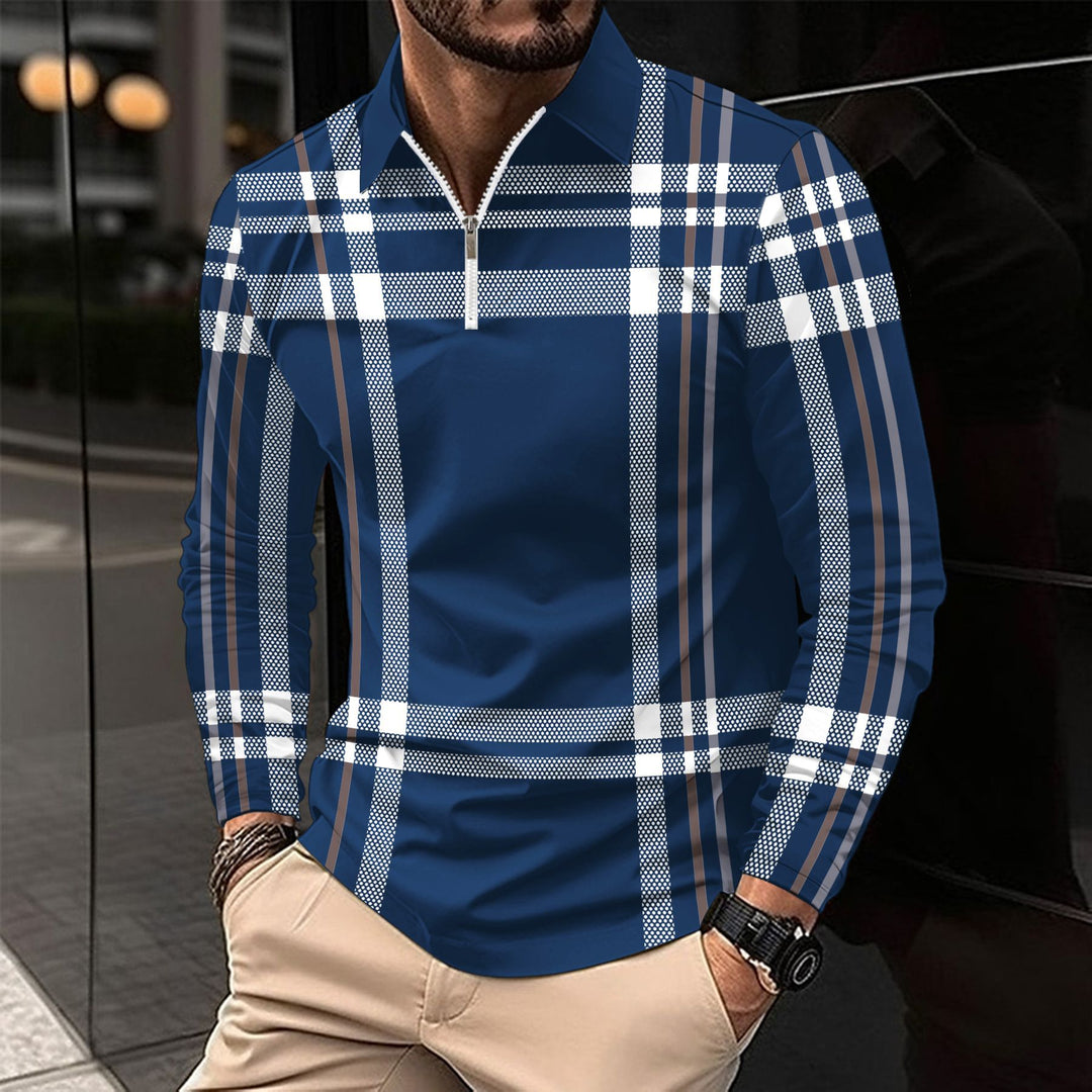Herren modisches Langarmshirt mit modernem Zip-Kragen und auffälligem Karomuster Echoarchiv