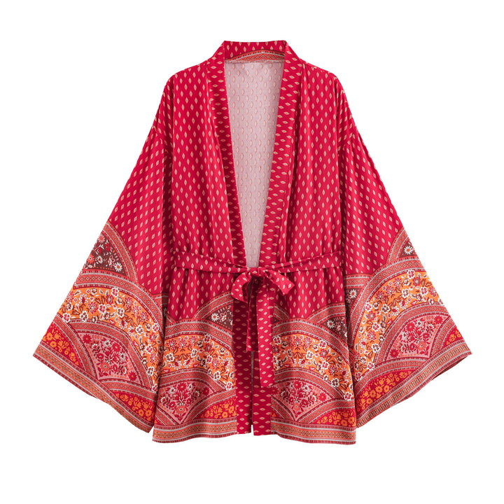 Damen Kimono-Wickelrobe im Boho-Print mit weitem Ärmeln Echoarchiv