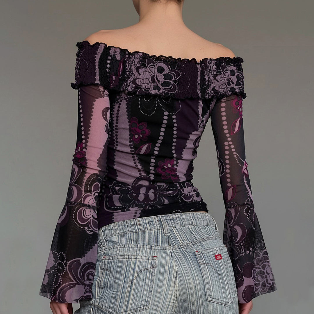 Damen Off-Shoulder Bluse mit eleganten Rüschendetails und weiten Ärmeln Echo Archiv