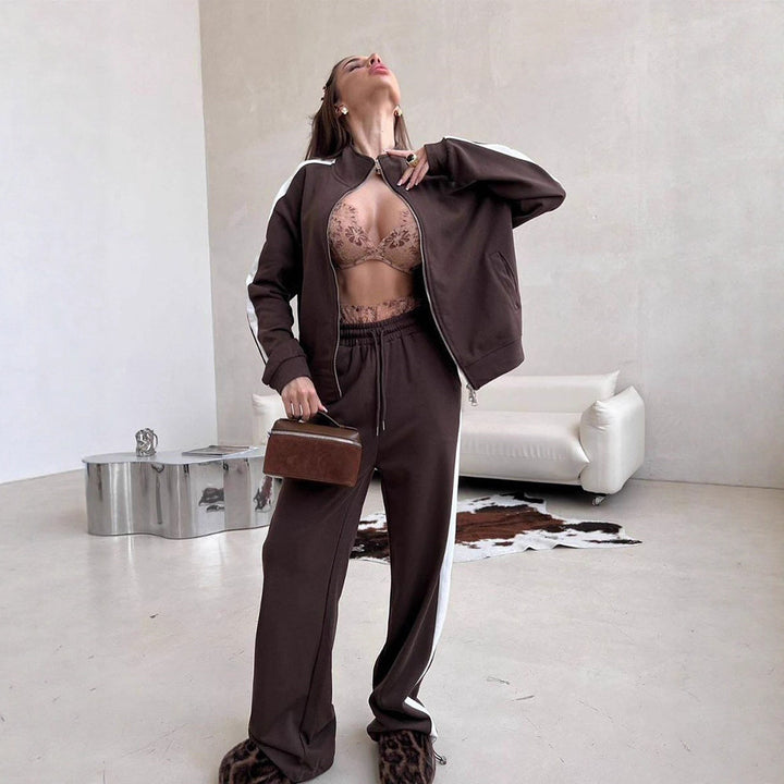Damen Relaxed-Loungewear-Set mit kurzem Zip-Hoodie und weiter Palazzo-Jogginghose mit Seitenpaspel – Avérine