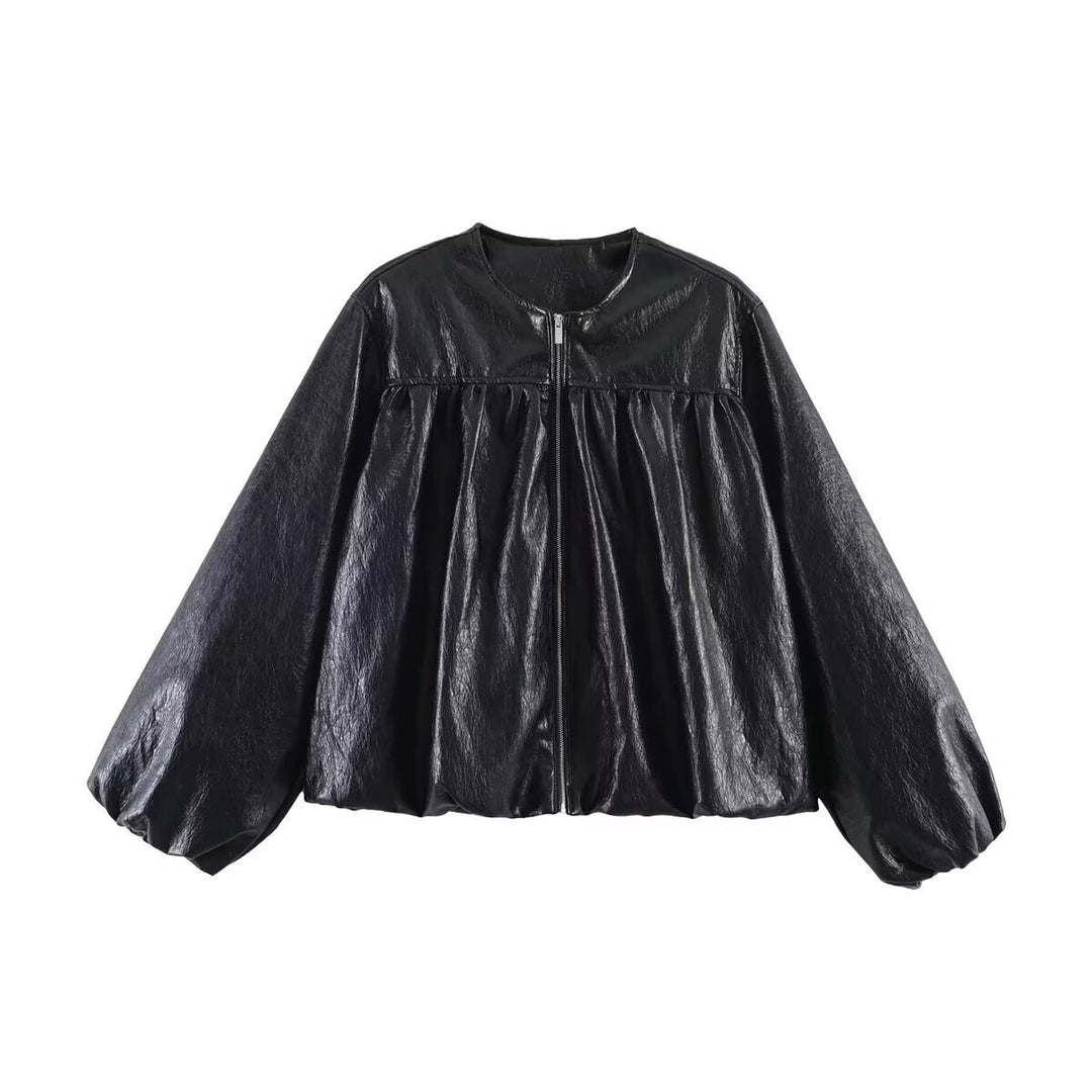 Damen Kurzblouson aus Kunstleder mit geraffter Yoke und Balloon-Ärmeln Echo Archiv