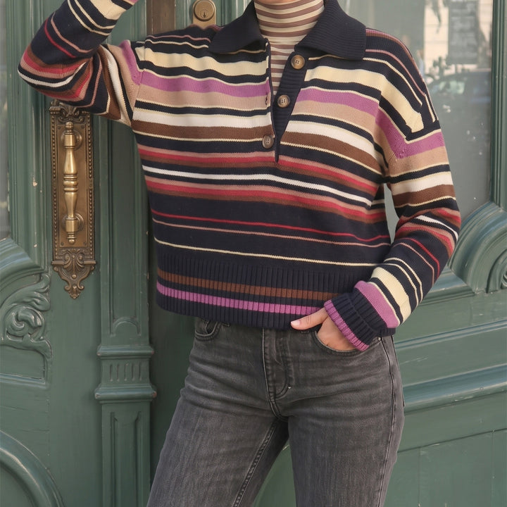 Damen Gestreifter Strickpullover mit Polokragen & Knopfleiste Echoarchiv