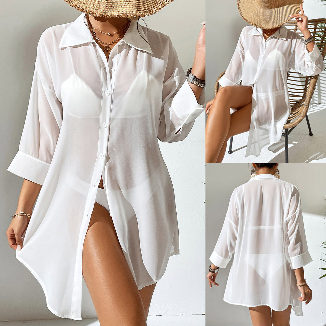 Damen lässige Strandbluse aus transparentem Stoff mit Knopfverschluss Echo Archiv