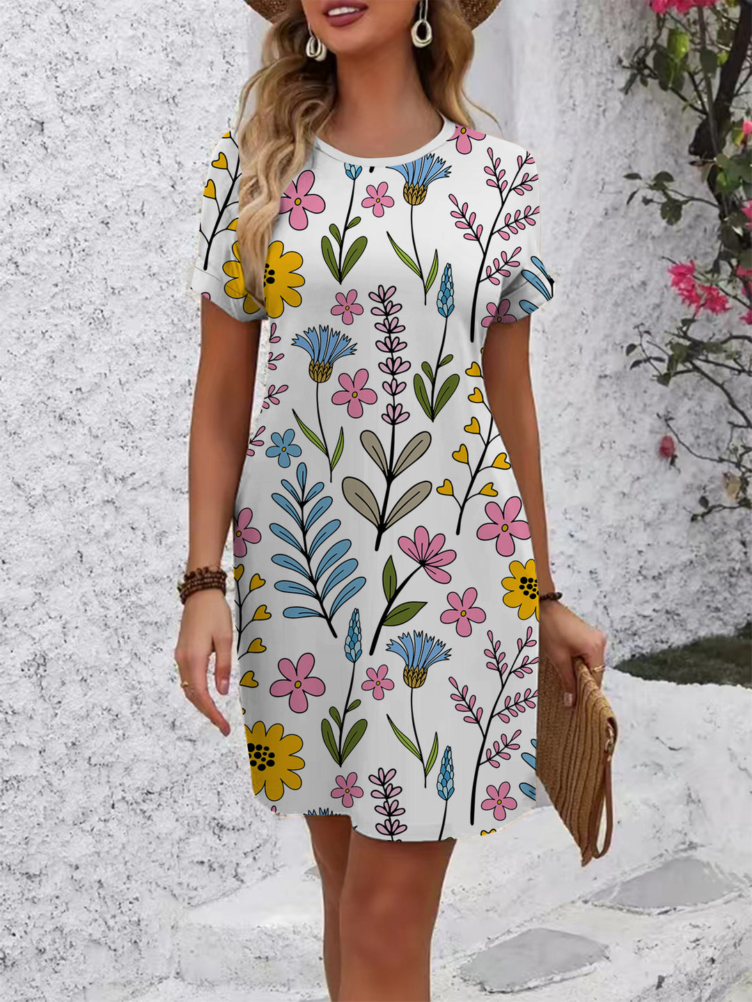 Damen lässiges T-Shirt Kleid mit buntem Blumenmuster und bequemem Schnitt Echo Archiv