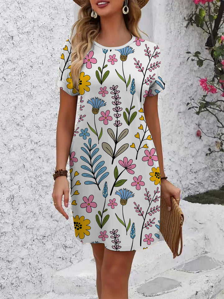 Damen lässiges T-Shirt Kleid mit buntem Blumenmuster und bequemem Schnitt Echo Archiv