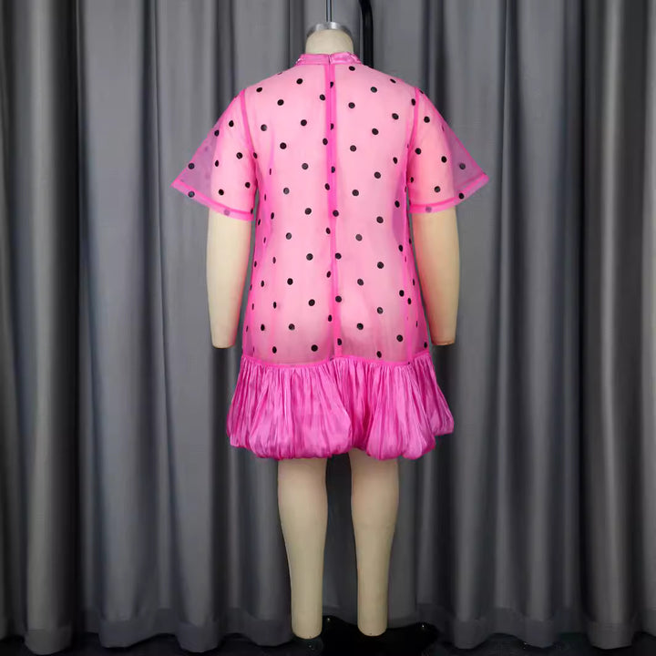 Damen durchsichtiger Polka-Dot Mini-Kleid mit Rüschensaum Echo Archiv