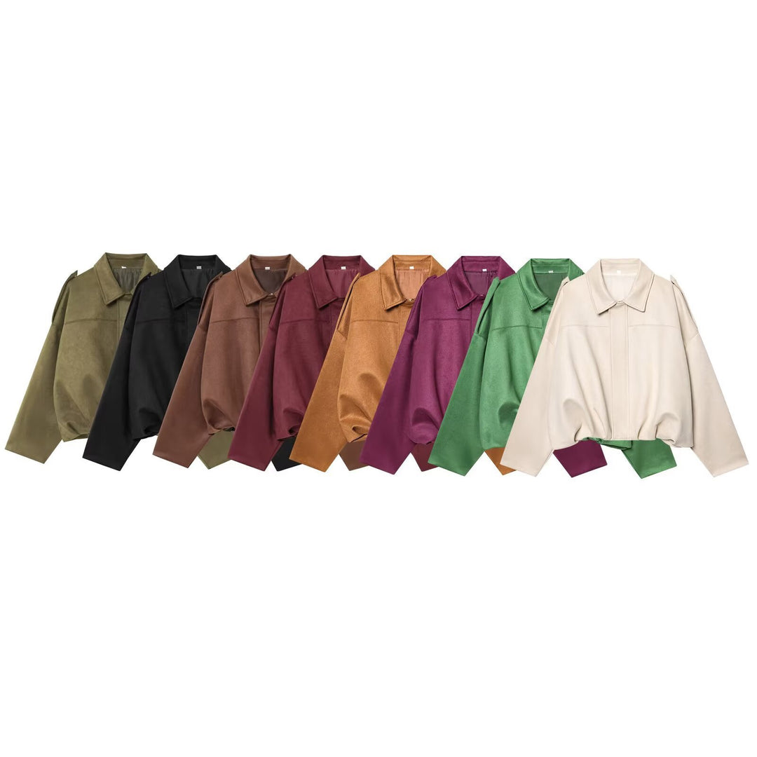 Damen Gekürzte Wildlederoptik-Blousonjacke mit Taillen-Smock und Schulterpatten Echo Archiv