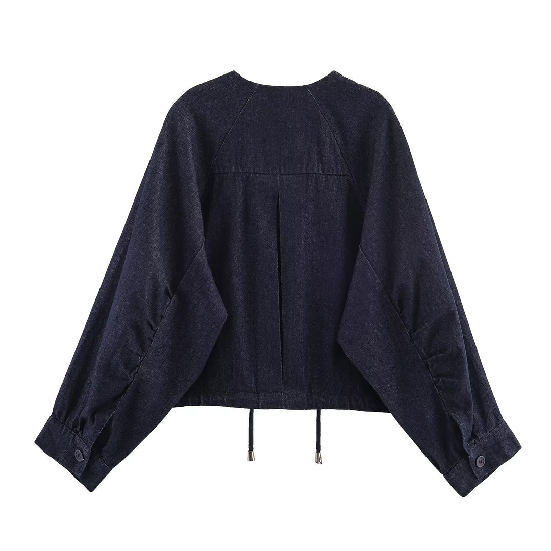 Damen Oversized Cropped Denim-Jacke mit Tunnelzug, Raglanärmeln und verdeckter Druckknopfleiste Echo Archiv