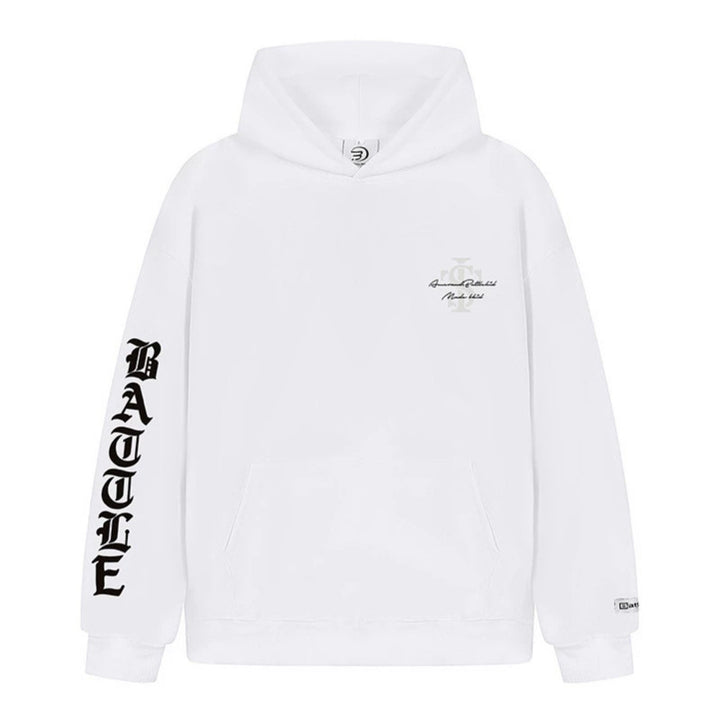 Unisex Oversize-Kapuzenpullover mit Gothic-Ärmelprint und Kängurutasche Echoarchiv