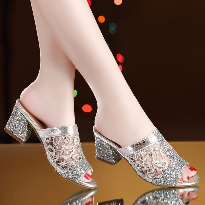 Damen nan elegante offene Pantolette mit feinem Netz, funkelnden Applikationen und mittelhohem Blockabsatz Echo Archiv