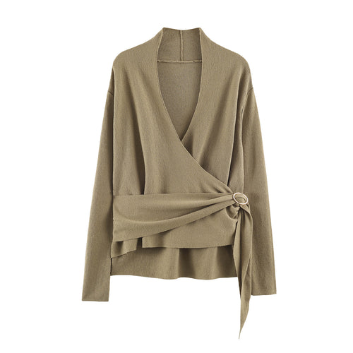 Damen Wickel-Strickpullover mit Gürtelring und tiefem V-Ausschnitt Echoarchiv