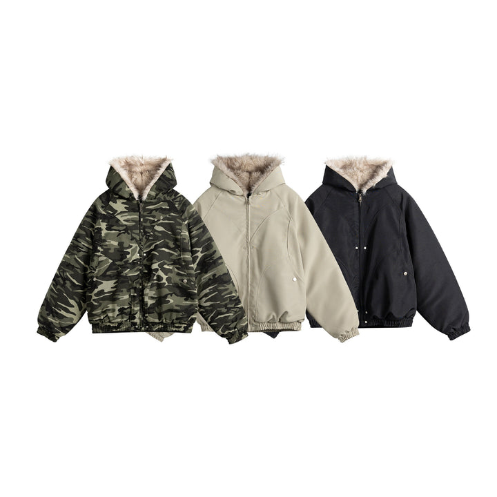 Damen Kurz geschnittene Camouflage-Übergangsjacke mit Kunstfellkapuze und elastischem Saum Echoarchiv