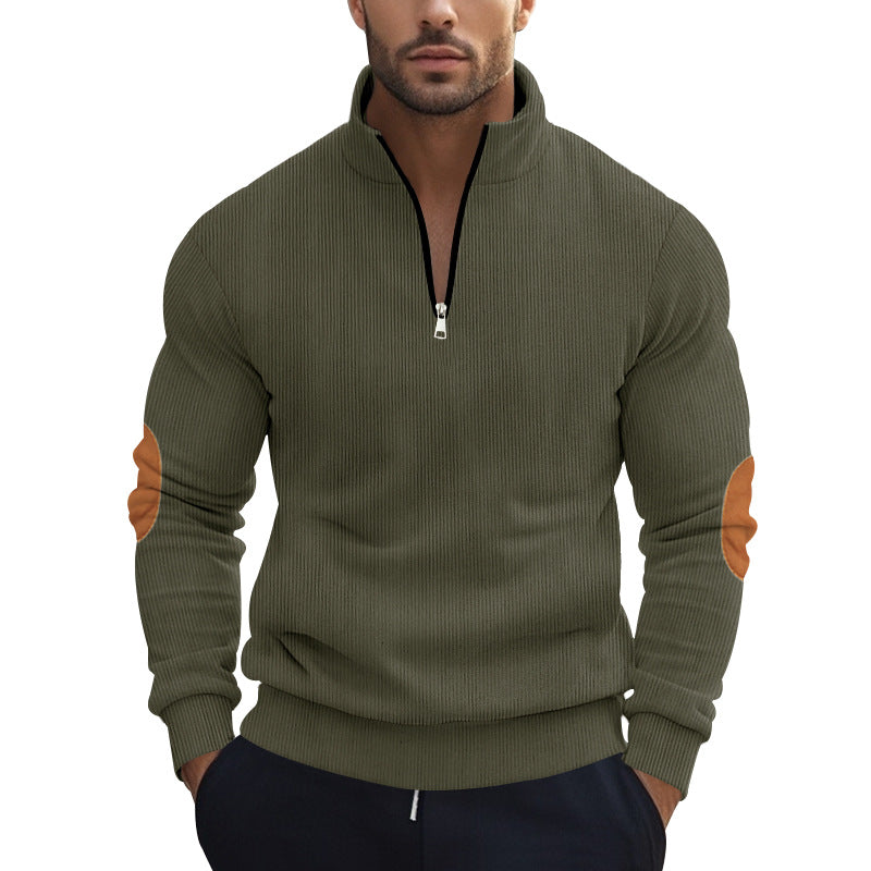 Herren nan strukturierter Baumwoll-Strickpullover mit halbem Reißverschluss und Ellenbogenbesatz Echo Archiv