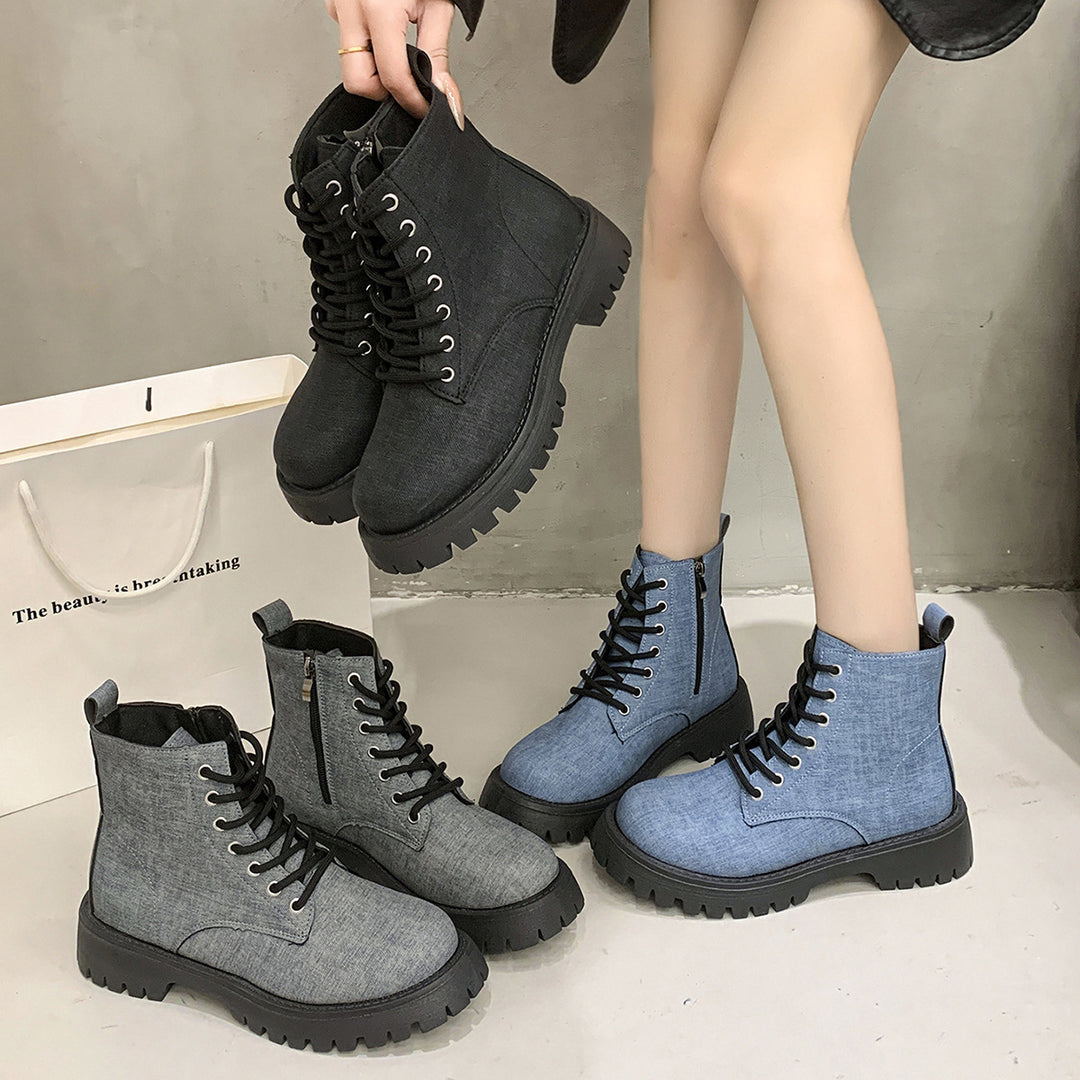 Damen Chunky Combat-Ankleboots aus Denimoptik mit robust profilierter Sohle und seitlichem Reißverschluss Echo Archiv