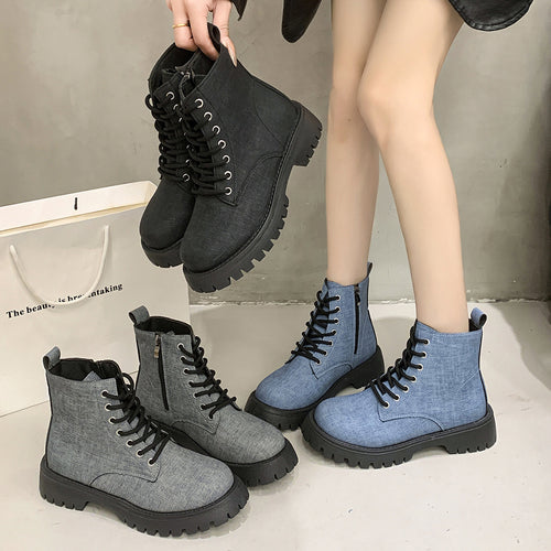 Damen Chunky Combat-Ankleboots aus Denimoptik mit robust profilierter Sohle und seitlichem Reißverschluss Echo Archiv
