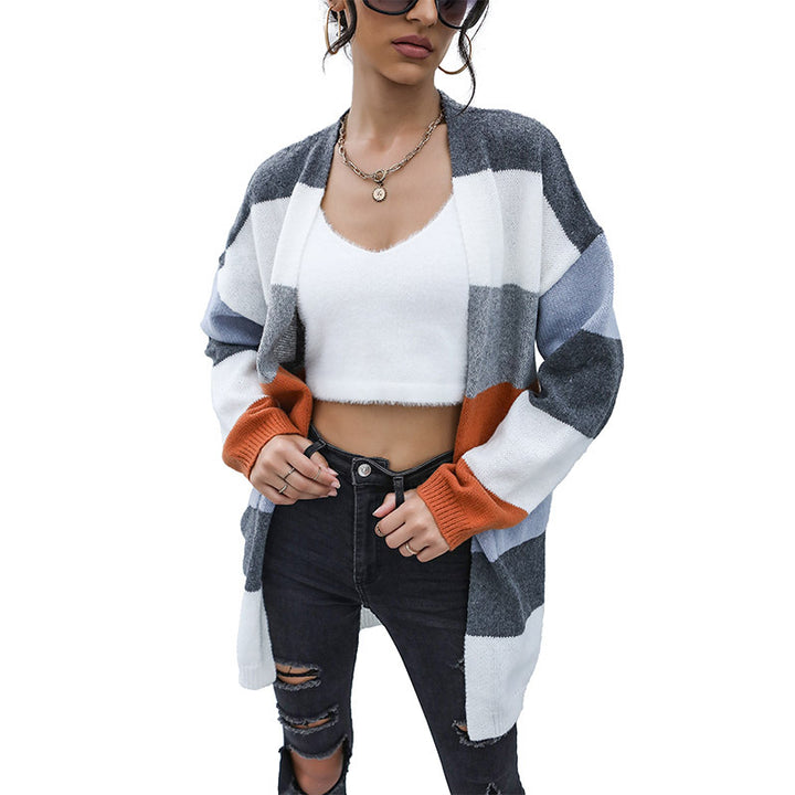 Damen Oversize Strickcardigan mit Blockstreifen und offener Front Echoarchiv