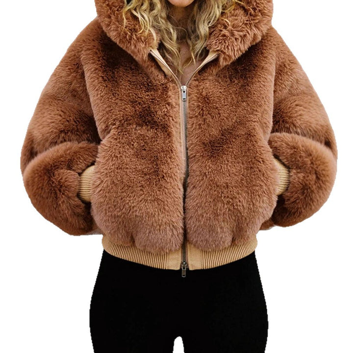 Damen Kurze Teddy-Fauxfur-Bomberjacke mit Kapuze, breitem Rippsaum und Zweiwege-Reißverschluss Echoarchiv