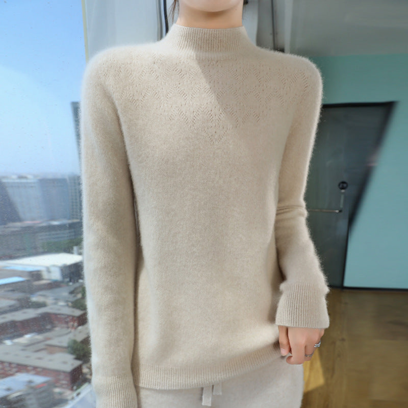 Damen Schlanker minimalistischer Stehkragen-Feinstrickpullover mit geripptem Hals Echoarchiv