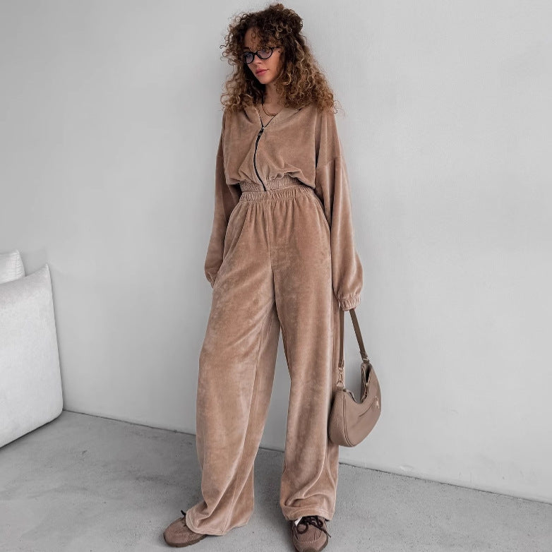 Damen nan Samt-Loungewear-Zweiteiler mit kurzem Frontzip, elastischem Komfortbund und weitem Hosenbein Echo Archiv