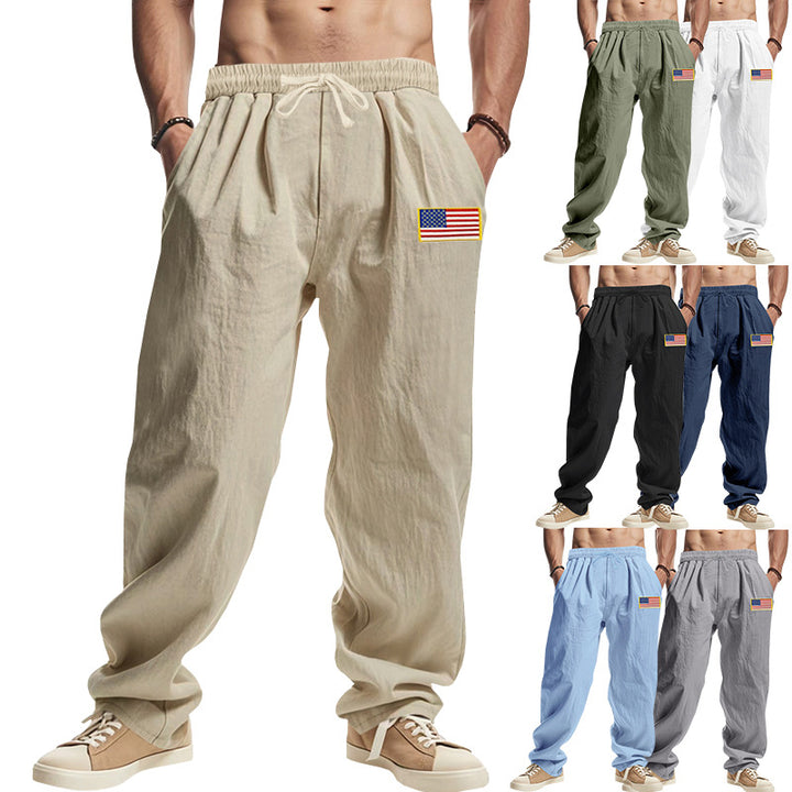 Herren Locker sitzende Freizeit-Hose im Leinen-Look mit elastischem Bund, Kordelzug & Flaggenpatch – Sorevano