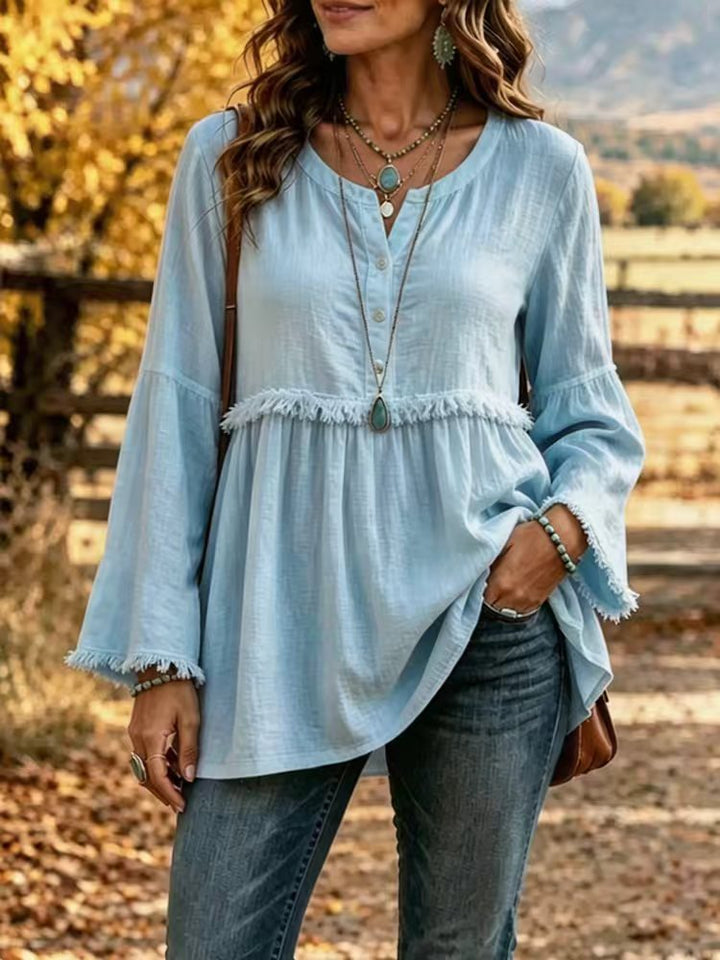 Damen Fransen-Tunika-Bluse mit V-Ausschnitt und Glockenärmeln – Élovi