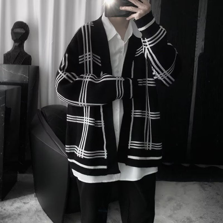 Herren Oversized Strickcardigan mit Karomuster und offener Front Echoarchiv