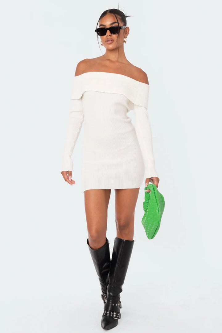 Damen Off-Shoulder Strickkleid mit figurbetontem Schnitt und Rippdetails Echo Archiv