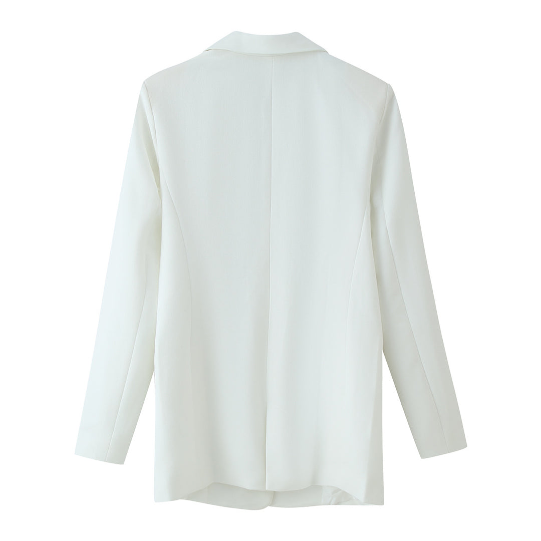 Damen Doppelreihiger Longline-Blazer mit Schalkragen und goldenen Zierknöpfen Echoarchiv