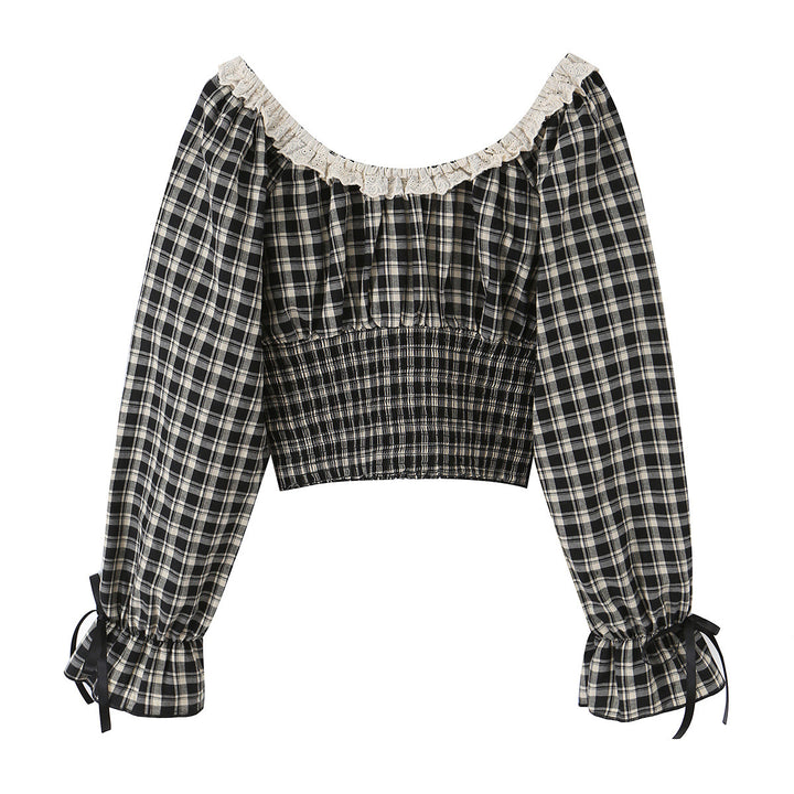 Damen Schulterfreies Karo-Cropped-Top mit Spitzenbesatz, geraffter Taille und Bindebändern Echoarchiv