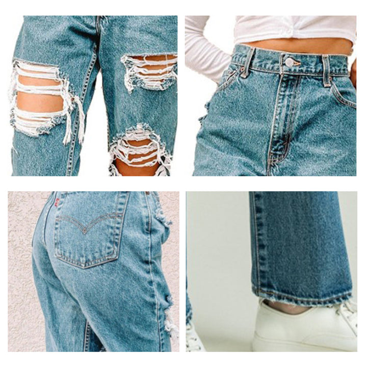 Damen Vintage High-Waist Destroyed Jeans mit fransigen Details Echo Archiv