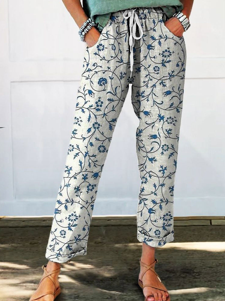 Damen Leinenoptik-Hose mit floralem Print, weitem Bein und Tunnelzug – Avélisse
