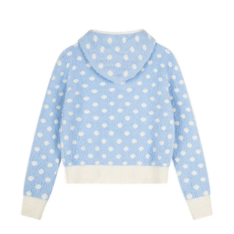 Damen Flauschige Kapuzen‑Zipjacke mit Polka‑Dot‑Jacquard und Eingrifftaschen Echoarchiv
