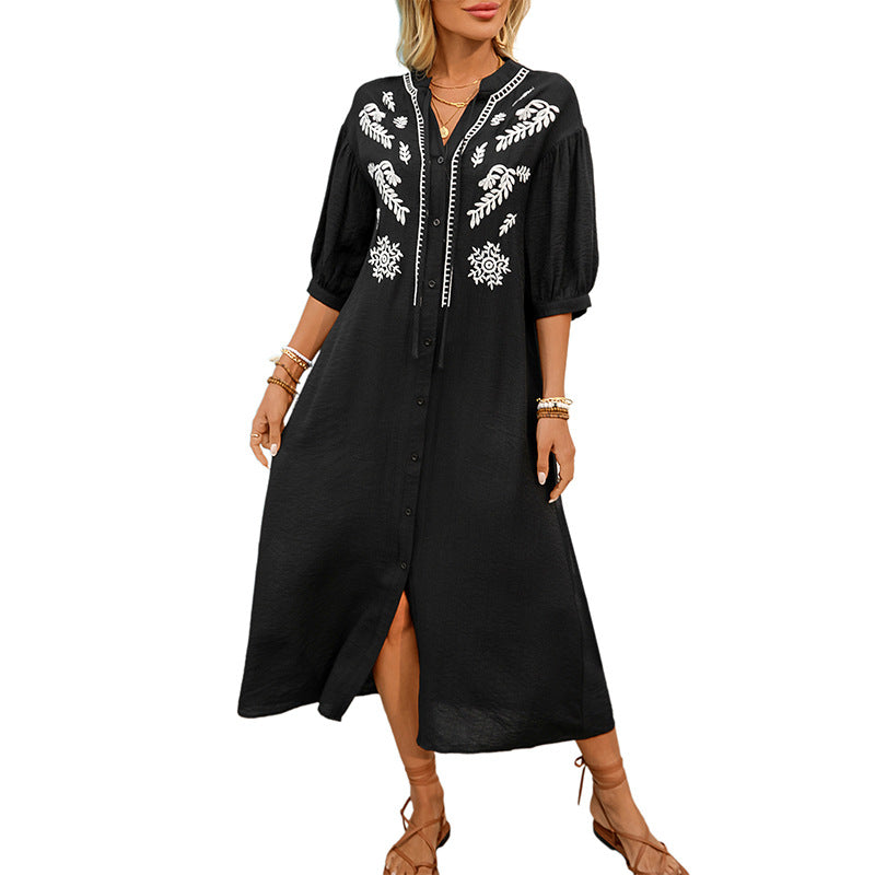 Damen Besticktes Hemdblusenkleid A‑Linie mit Knopfleiste und 3/4‑Ballonärmeln – Élara