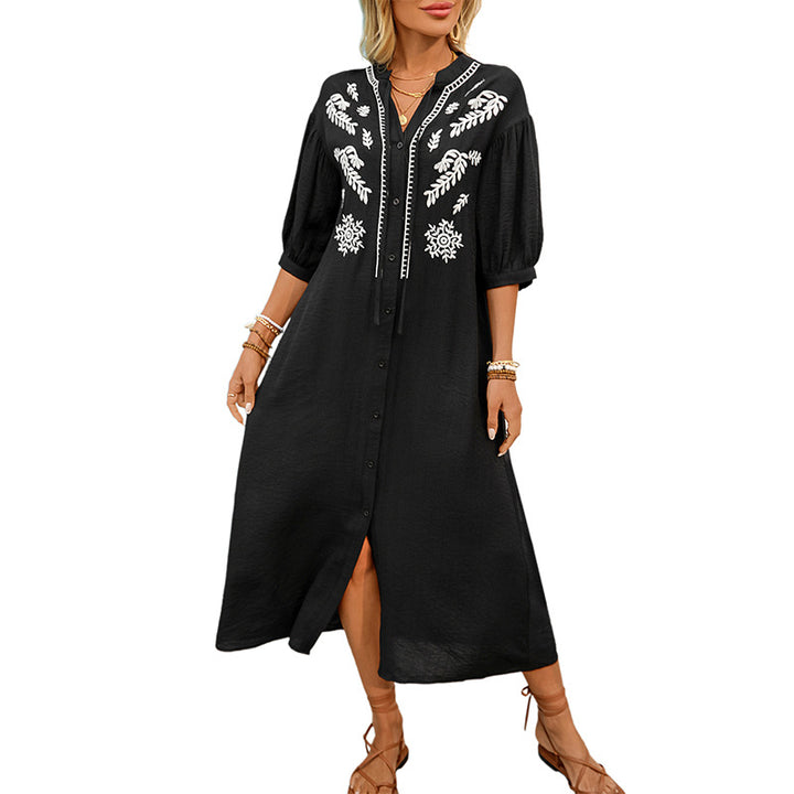 Damen Besticktes Hemdblusenkleid A‑Linie mit Knopfleiste und 3/4‑Ballonärmeln – Élara