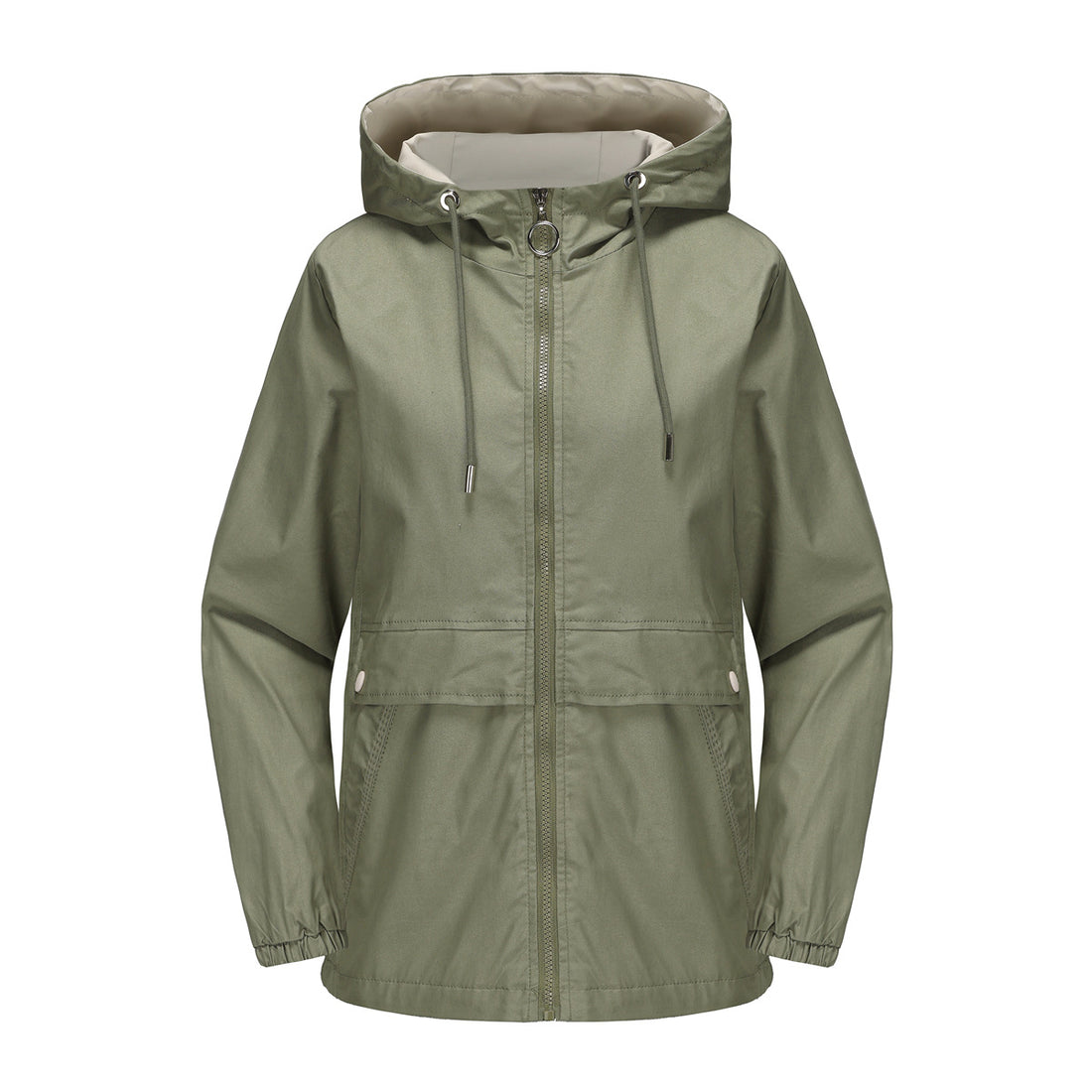 Damen leichter wasserabweisender Kapuzenparka mit Tunnelzug, Ringzipper und verdeckter Druckknopfleiste – Célinea
