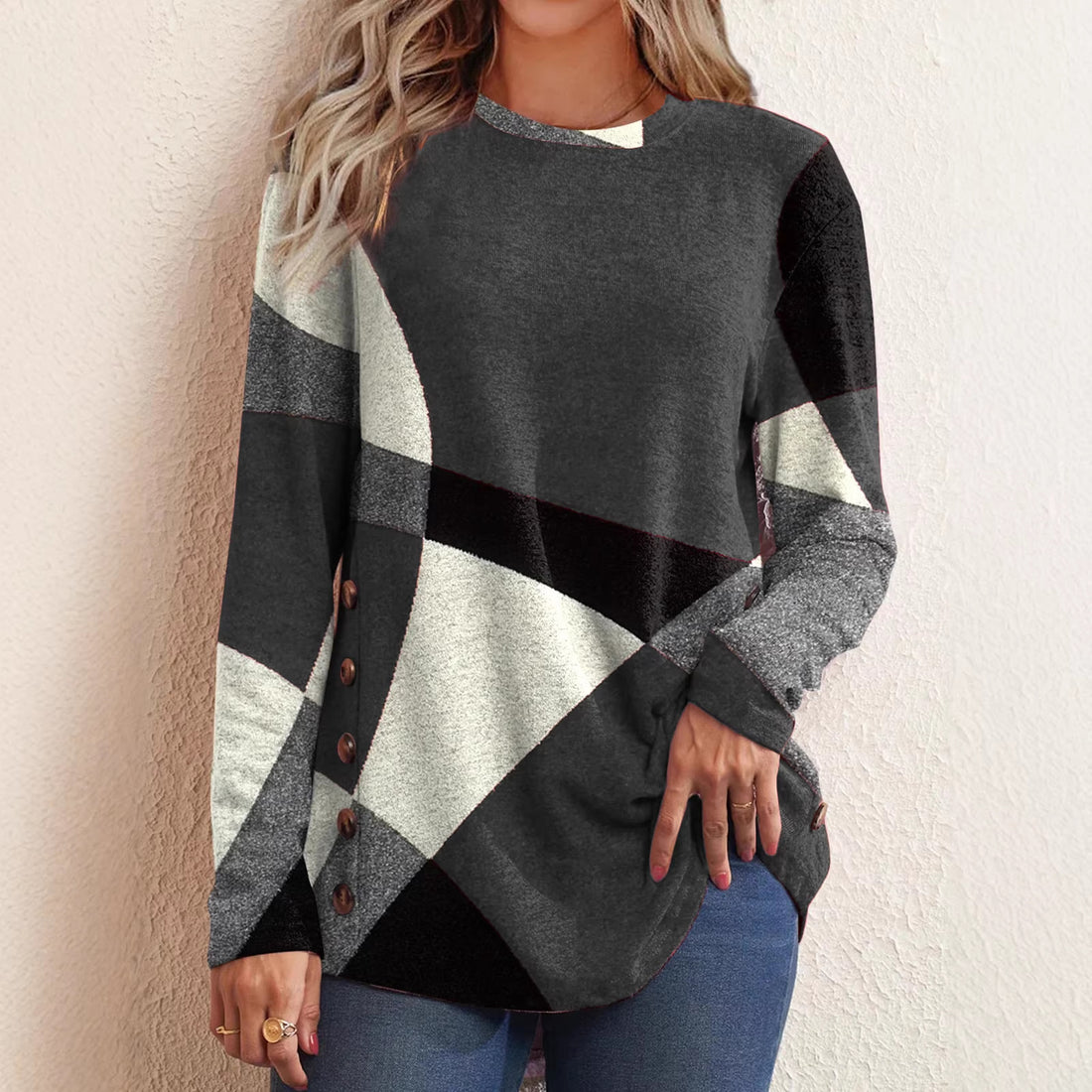 Damen Oversize Langarm Tunika mit geometrischem Farbschema – Avérine