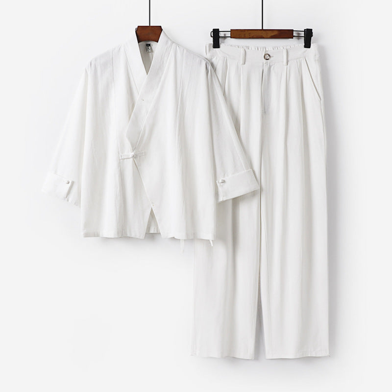 Herren Modernes Zen-Loungewear-Set aus Leichtem Material mit Kurz-Kimono und tailliert-zulaufender Bundhose Echoarchiv