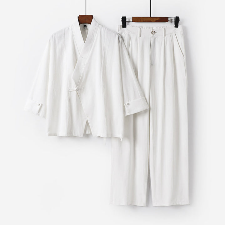 Herren Modernes Zen-Loungewear-Set aus Leichtem Material mit Kurz-Kimono und tailliert-zulaufender Bundhose Echoarchiv