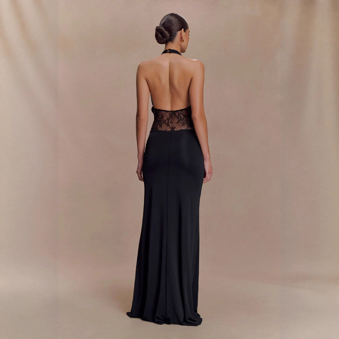 Damen Elegantes Maxikleid mit raffiniertem Spitzenbesatz und Drapierungen Echo Archiv