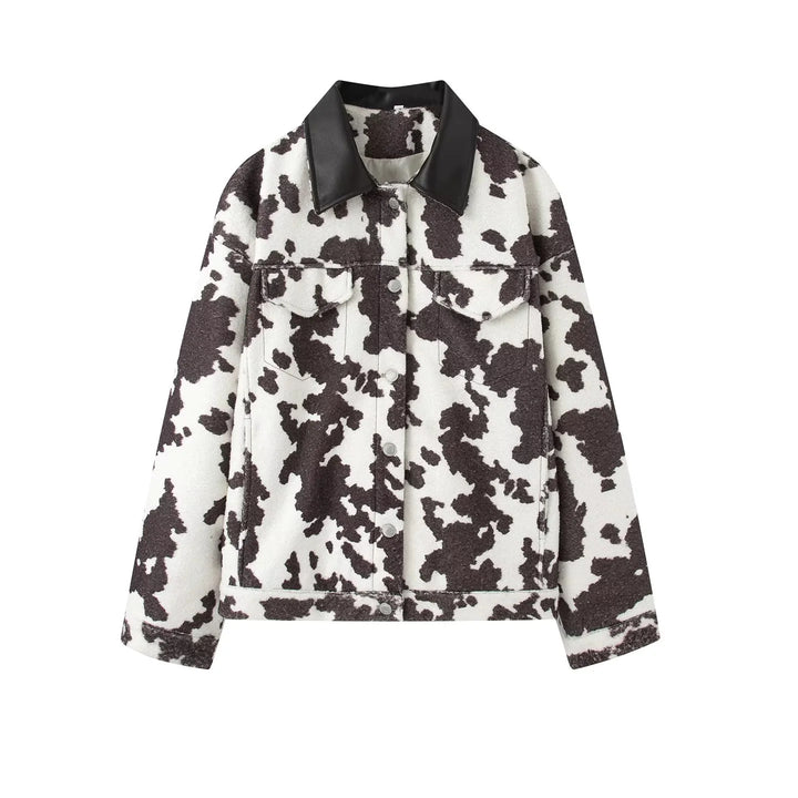 Damen nan oversized Teddyjacke mit Kuhflecken-Print und Lederimitat-Kragen Echo Archiv