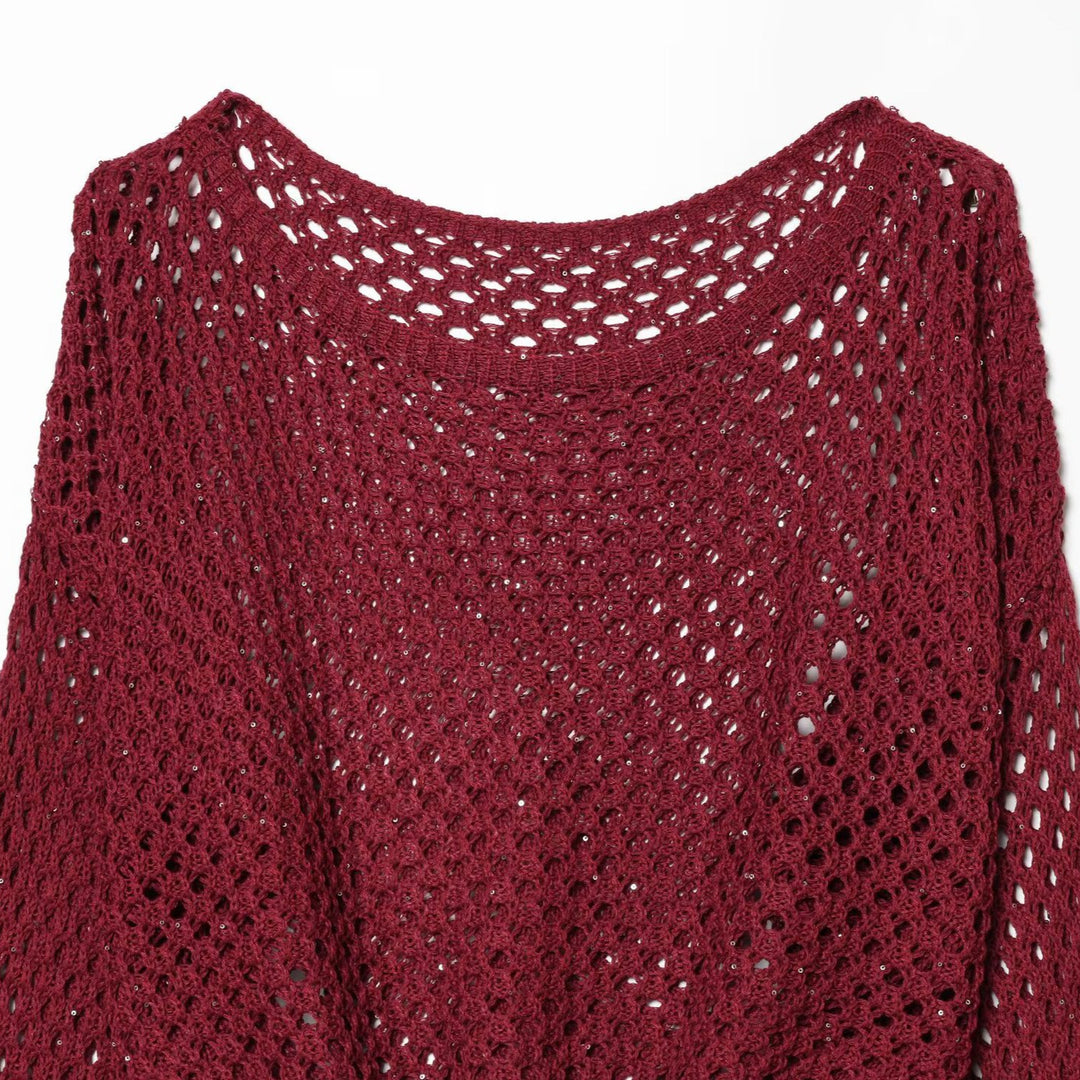 Damen Gehäkelter Lochstrick-Cropped-Pullover mit Ballonärmeln Echoarchiv