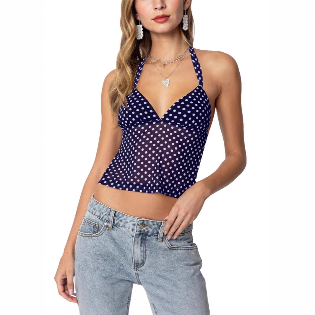 Damen luftiges Polka-Dots Oberteil mit tiefem V-Ausschnitt und Trägern Echo Archiv