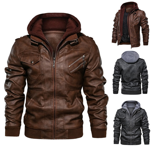Herren Kunstlederjacke mit abnehmbarer Kapuze und effektiven Reißverschlusstaschen Echoarchiv