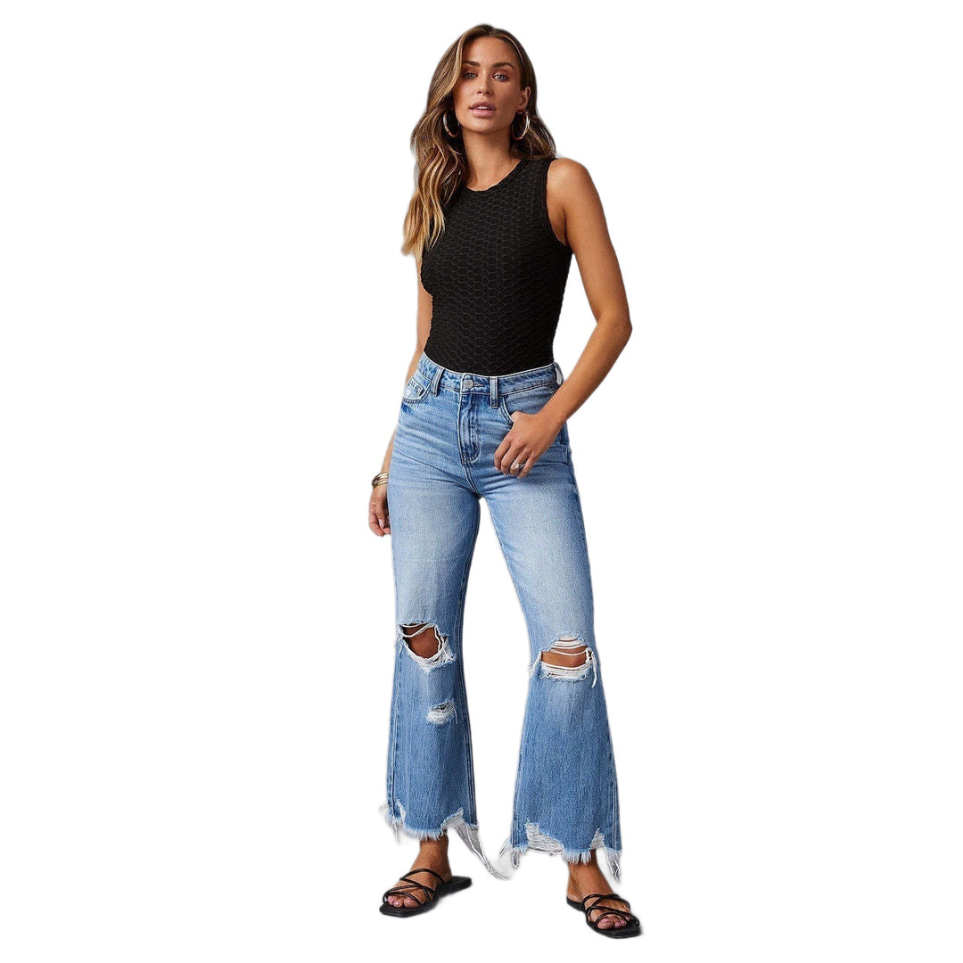 Damen nan hochgeschnittene ausgestellte Destroyed-Jeans mit Knieausfransungen und rohem Saum Echo Archiv