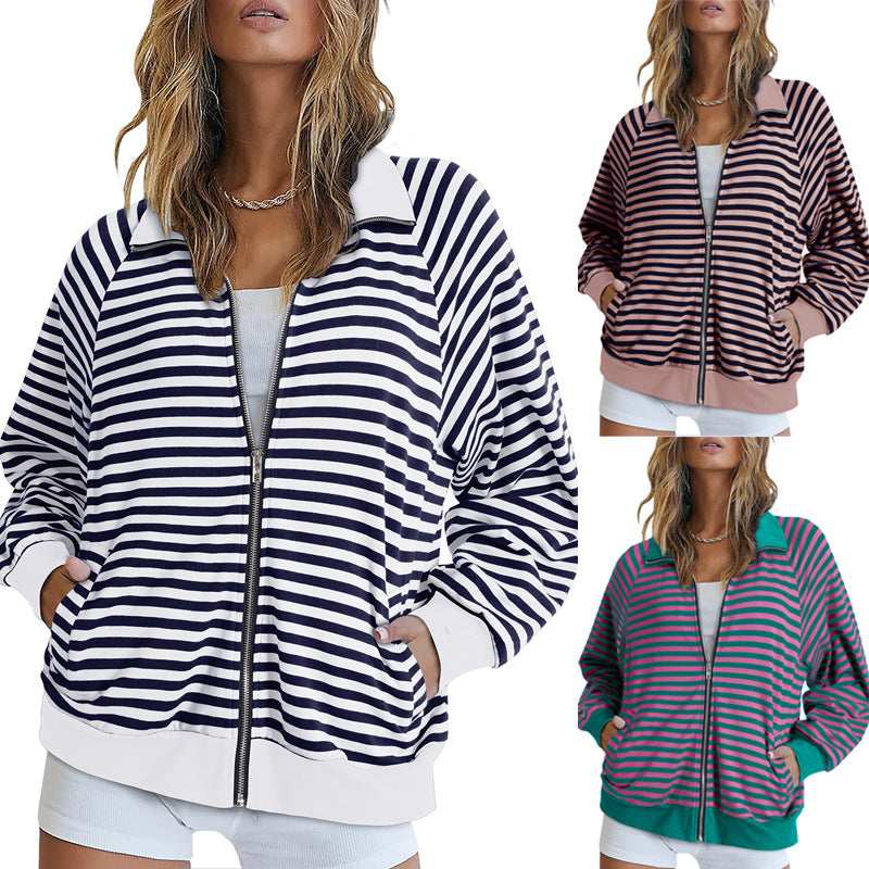 Damen Gestreifte Zip‑Jacke mit Reißverschluss, Raglanärmeln und Rippbündchen Echo Archiv