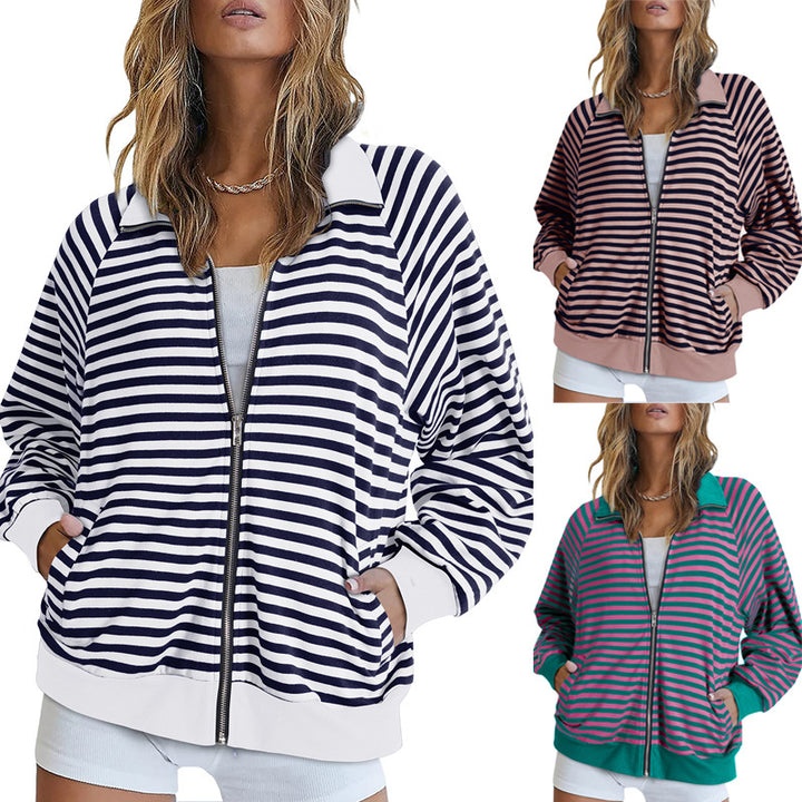 Damen Gestreifte Zip‑Jacke mit Reißverschluss, Raglanärmeln und Rippbündchen Echo Archiv