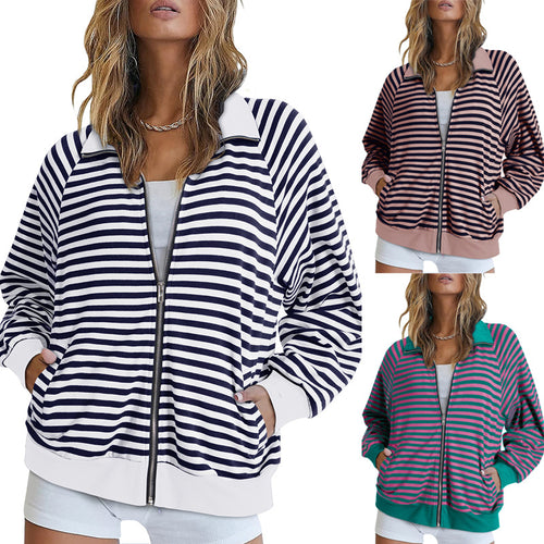 Damen Gestreifte Zip‑Jacke mit Reißverschluss, Raglanärmeln und Rippbündchen Echo Archiv