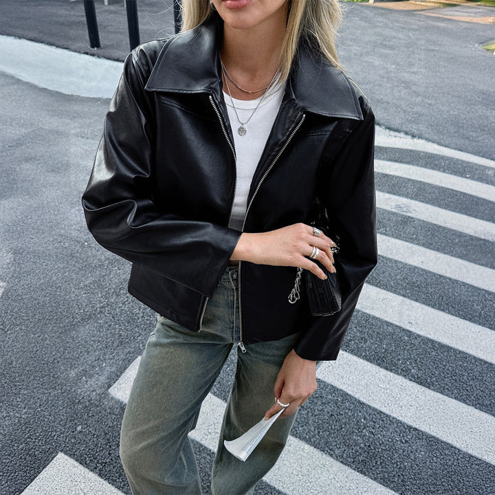 Damen elegante Kunstlederjacke mit Reißverschluss, Hemdkragen und Eingrifftaschen – Célinea